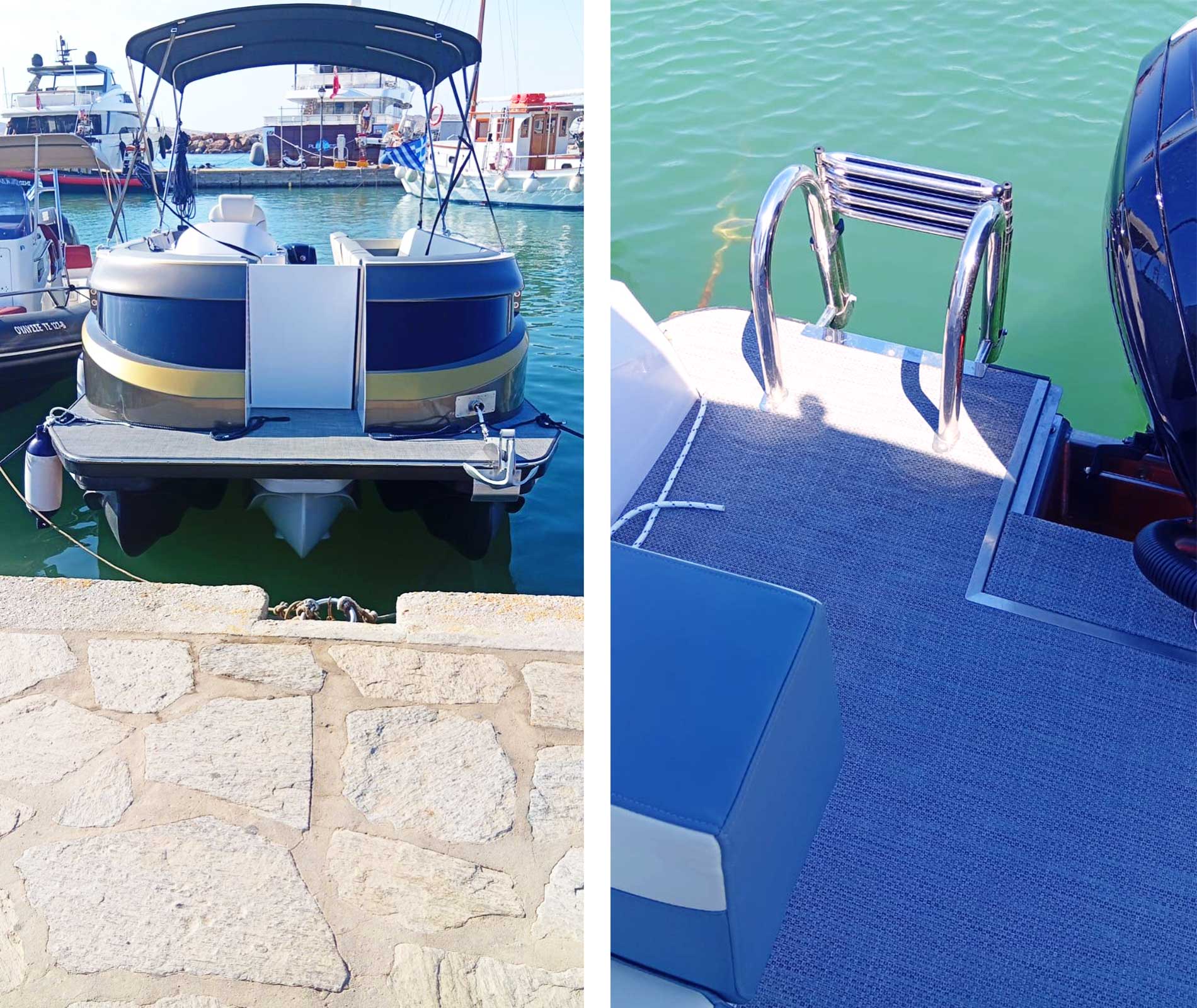 Aegean Vibes 2026 pontoon boat in Naoussa, Paros